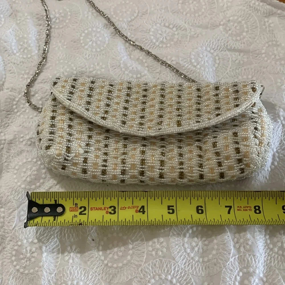 Moni Couture stunning ivory bronze beaded clutch shoulder evening formal bag EUC